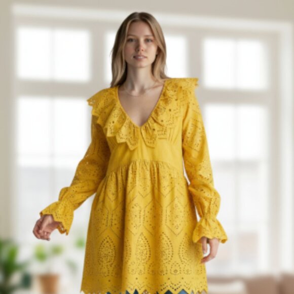 Topshop Dresses & Skirts - NWT  broderie ruffle neck chuck on dress in yellow